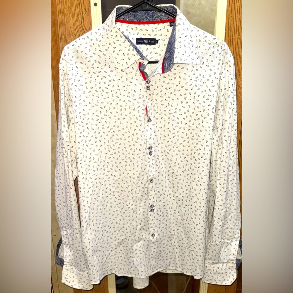 Stone Rose Men’s XXL Slim Fit Button-Down – White with Navy Micro Paisley